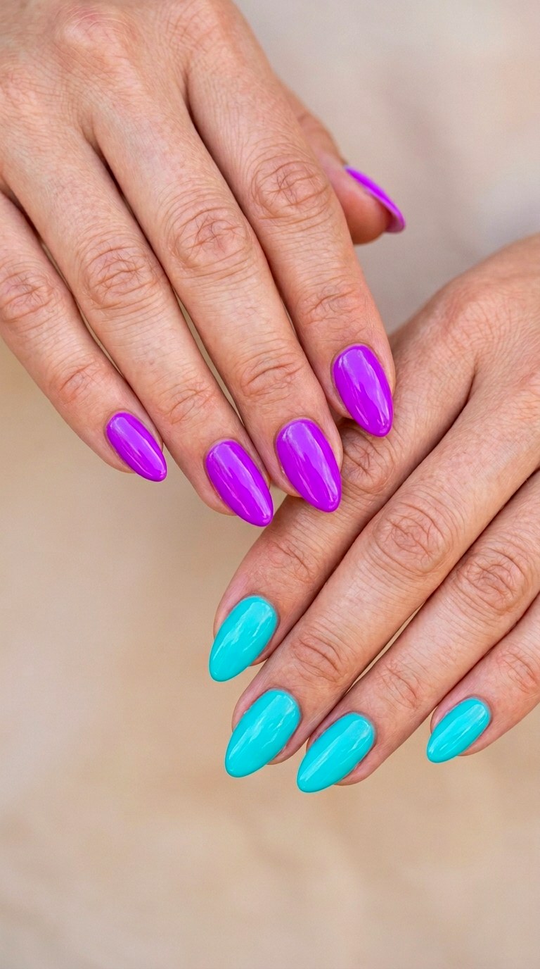 Violet and Cyan Neon Half Sets - 28 Stylish Spring Two Colored Nails