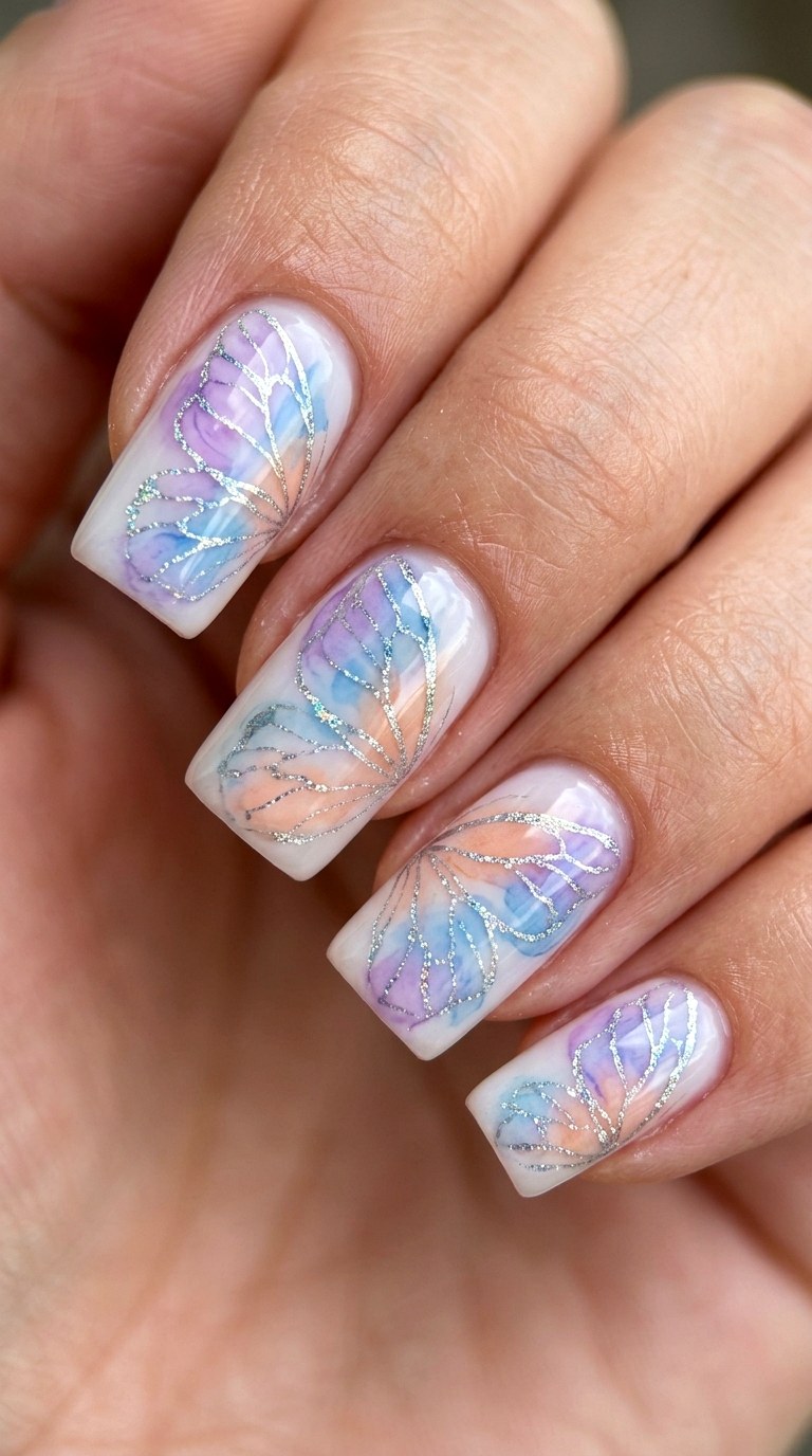 Watercolor Butterfly Wing Nails - 20 Sunny Spring Multicolor Acrylic Nails