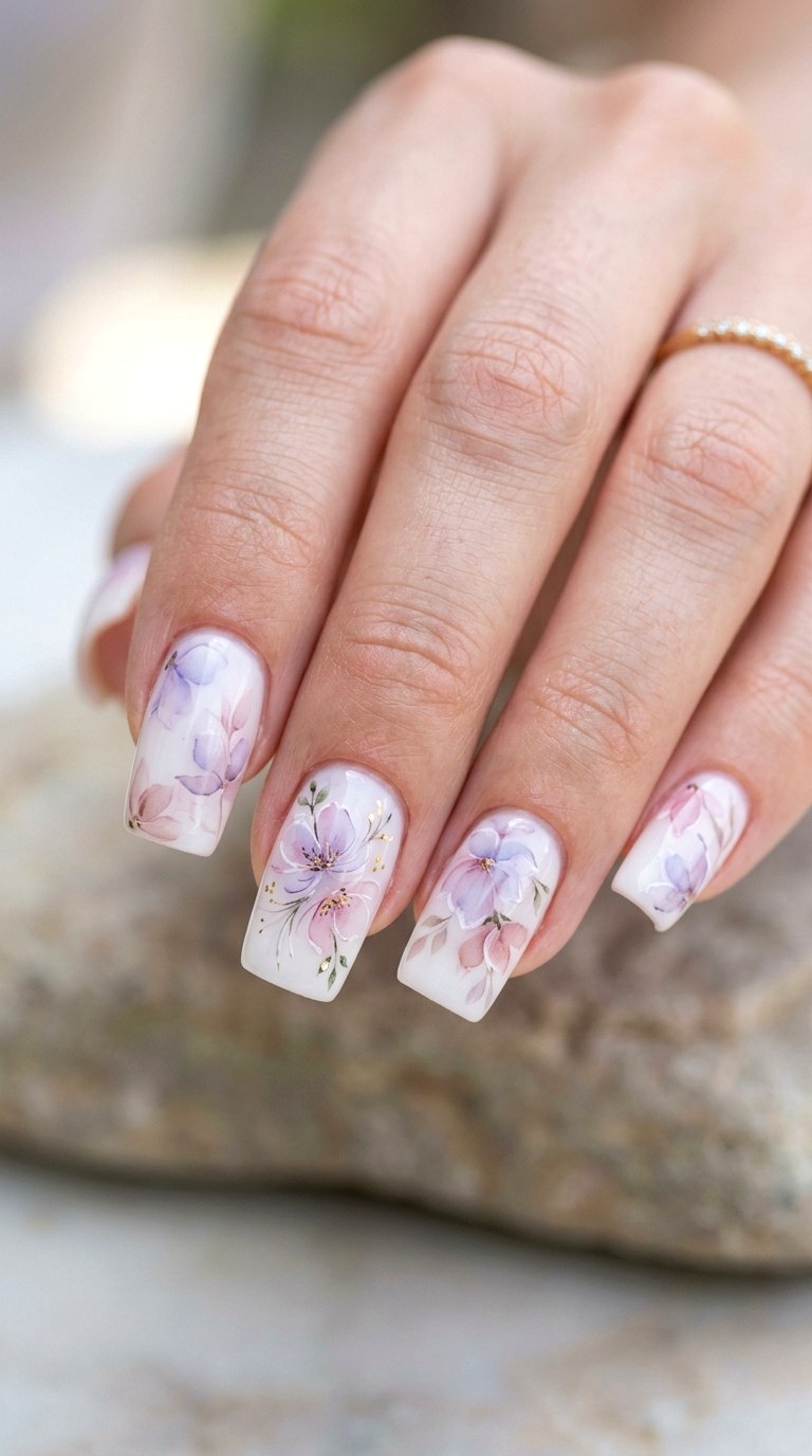 Watercolor Floral Medium Square Nails - 29 Festive Spring Multicolor Acrylic Nails