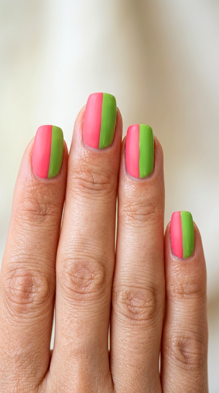 Watermelon Pink and Kiwi Green Split - 28 Stylish Spring Two Colored Nails