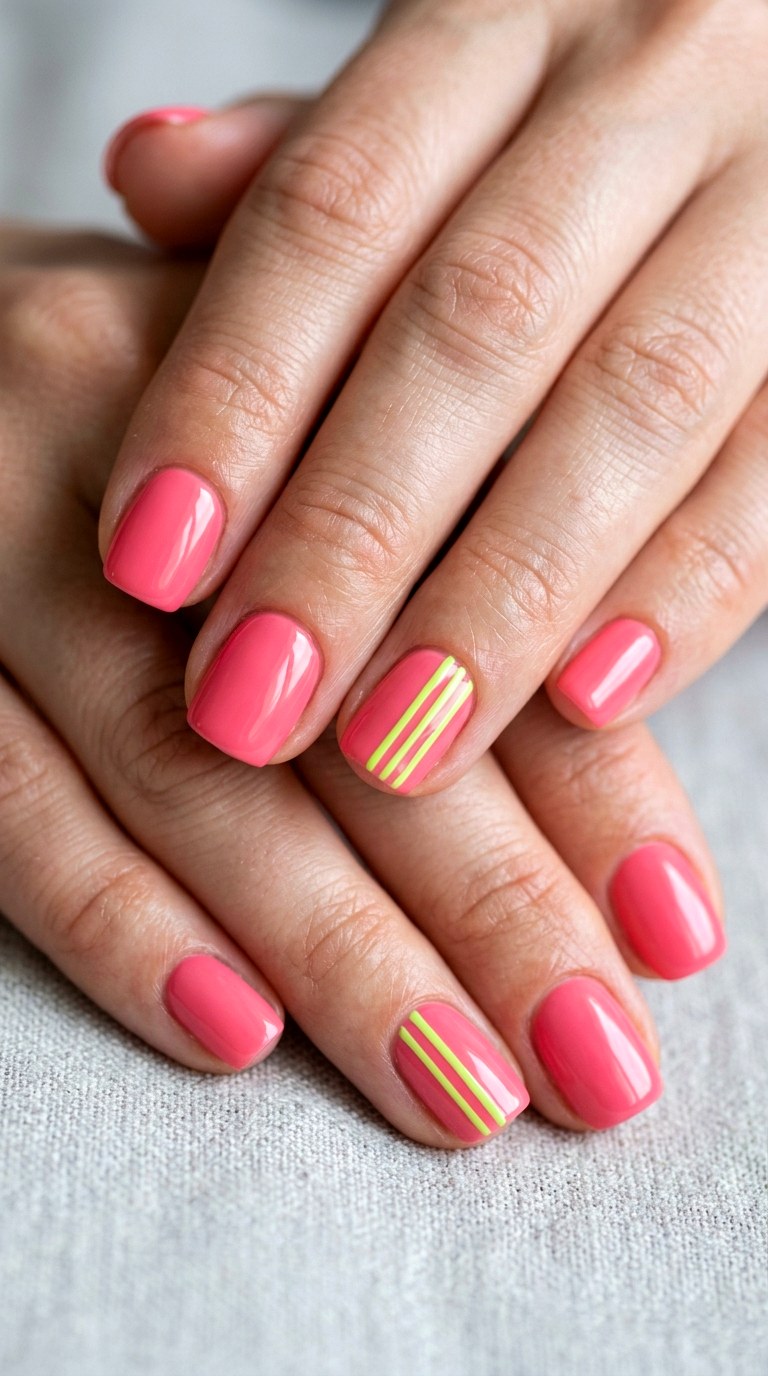 Watermelon Pink and Lime Green Accent Stripes - 27 Chic Spring Two Colored Nails