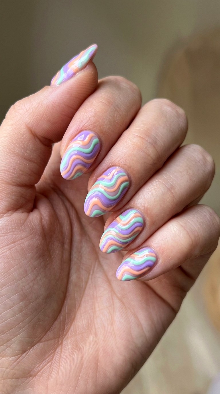 Wavy Pastel Haze Short Almond Nails - 26 Early Spring Multicolor Acrylic Nails