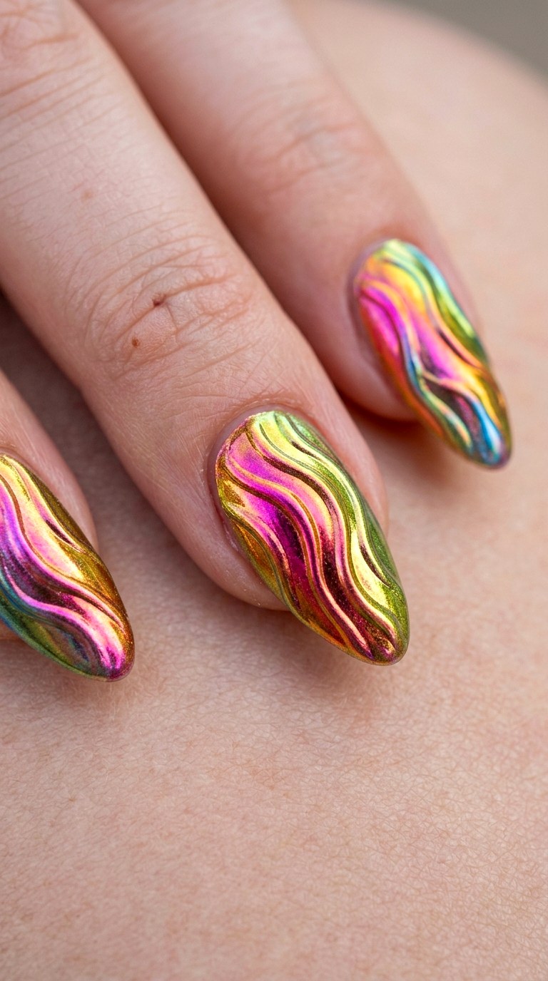 Wavy Rainbow Ribbon Chrome Nails - 20 Sunny Spring Multicolor Acrylic Nails