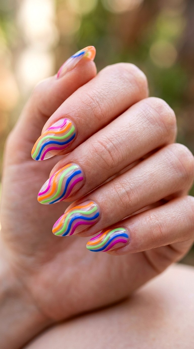 Wavy Rainbow Ribbons - 25 Spring Break Multicolor Acrylic Nails
