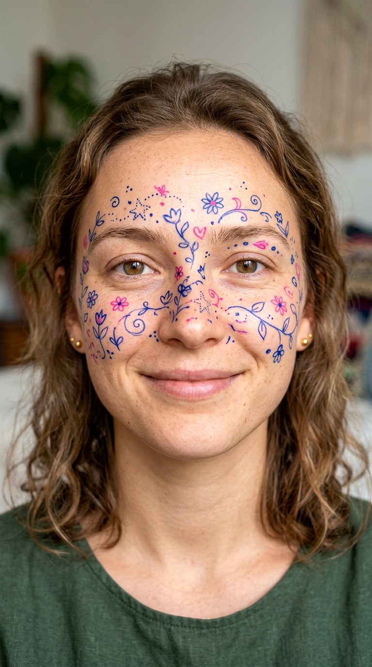 Whimsical Face Doodle Makeup - 24 colorful makeup