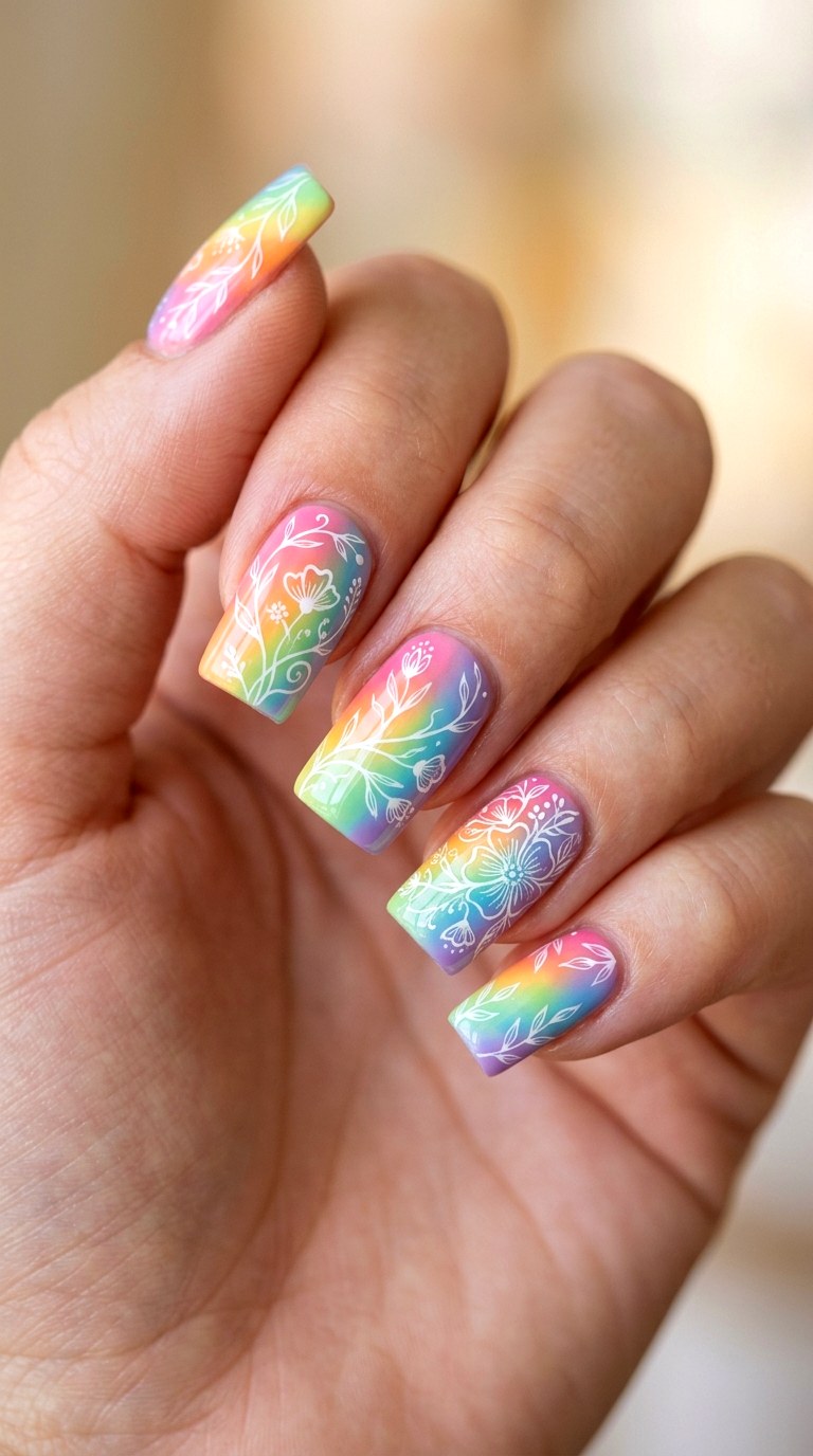 Whispering Botanical Line Art - 26 Rainbow Spring Multicolor Acrylic Nails