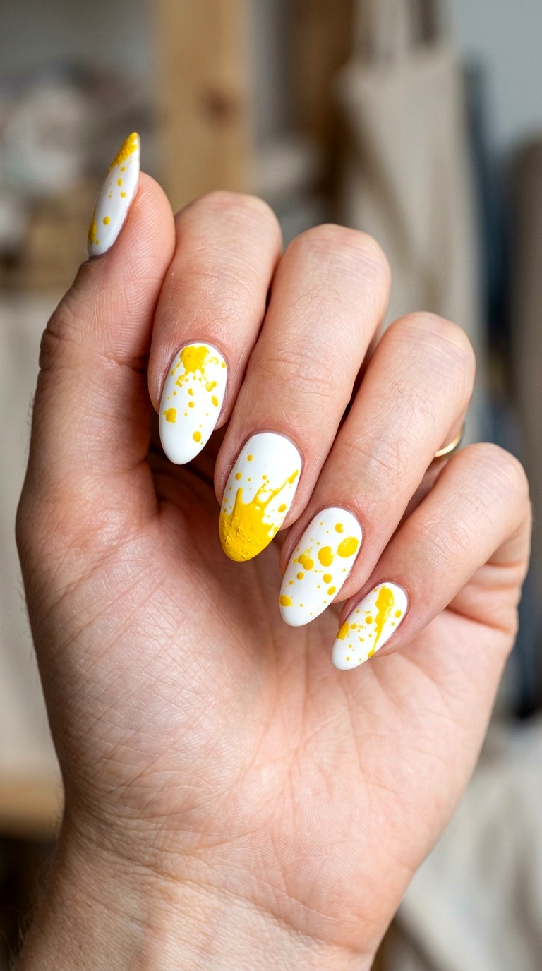 White Canvas with Crayon Yellow Splatter - 30 Brunch Spring Two Colored Nails