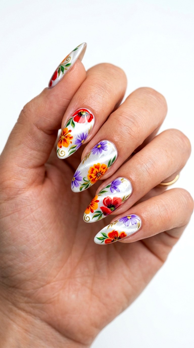 White Cat Eye Nails with Bold Floral Art - 25 Summer Floral Cat Eye Nails Ideas