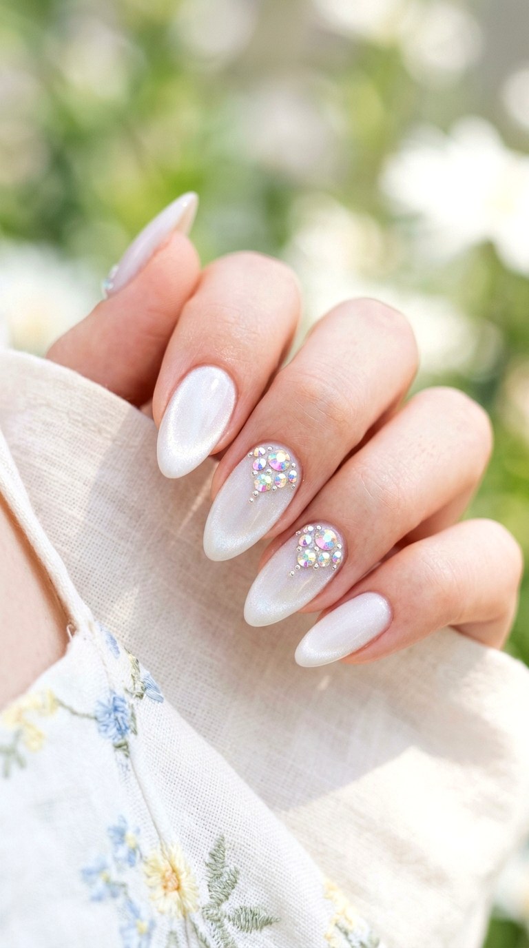 White Cat Eye with Iridescent Crystals - 21 Summer Crystal Accent Cat Eye Nails Ideas