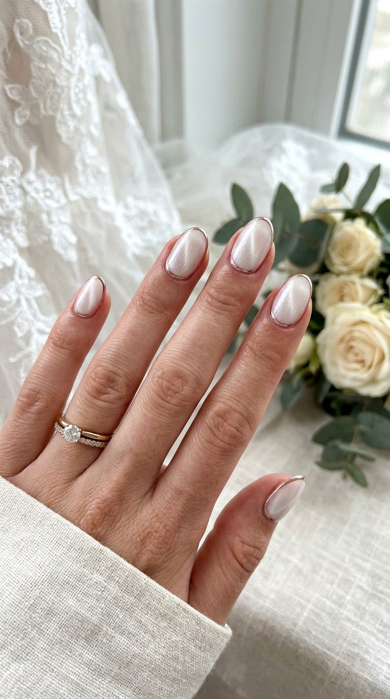 White Cat Eye with Minimal Chrome Lining - 22 Summer Chrome Outline Cat Eye Nails Ideas