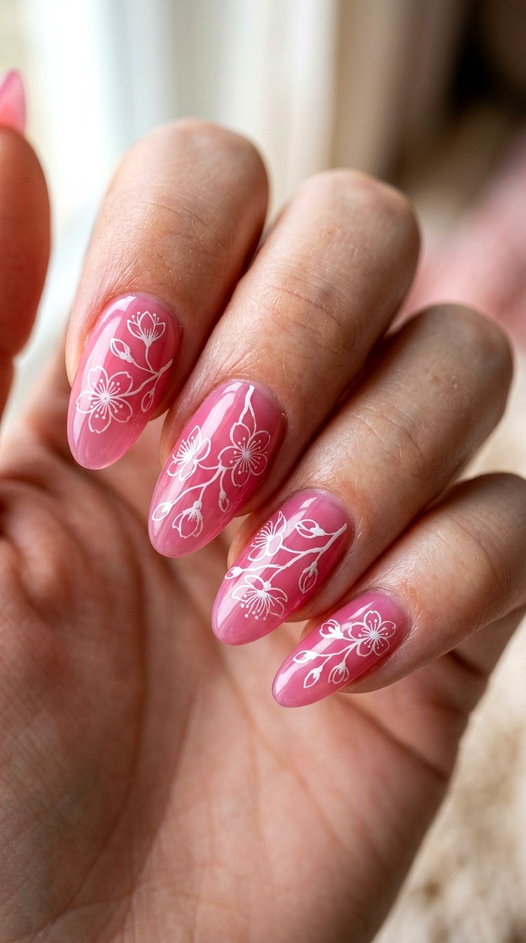 White Cherry Blossom Silhouettes - 29 Fine-Line Spring Acrylic Nails