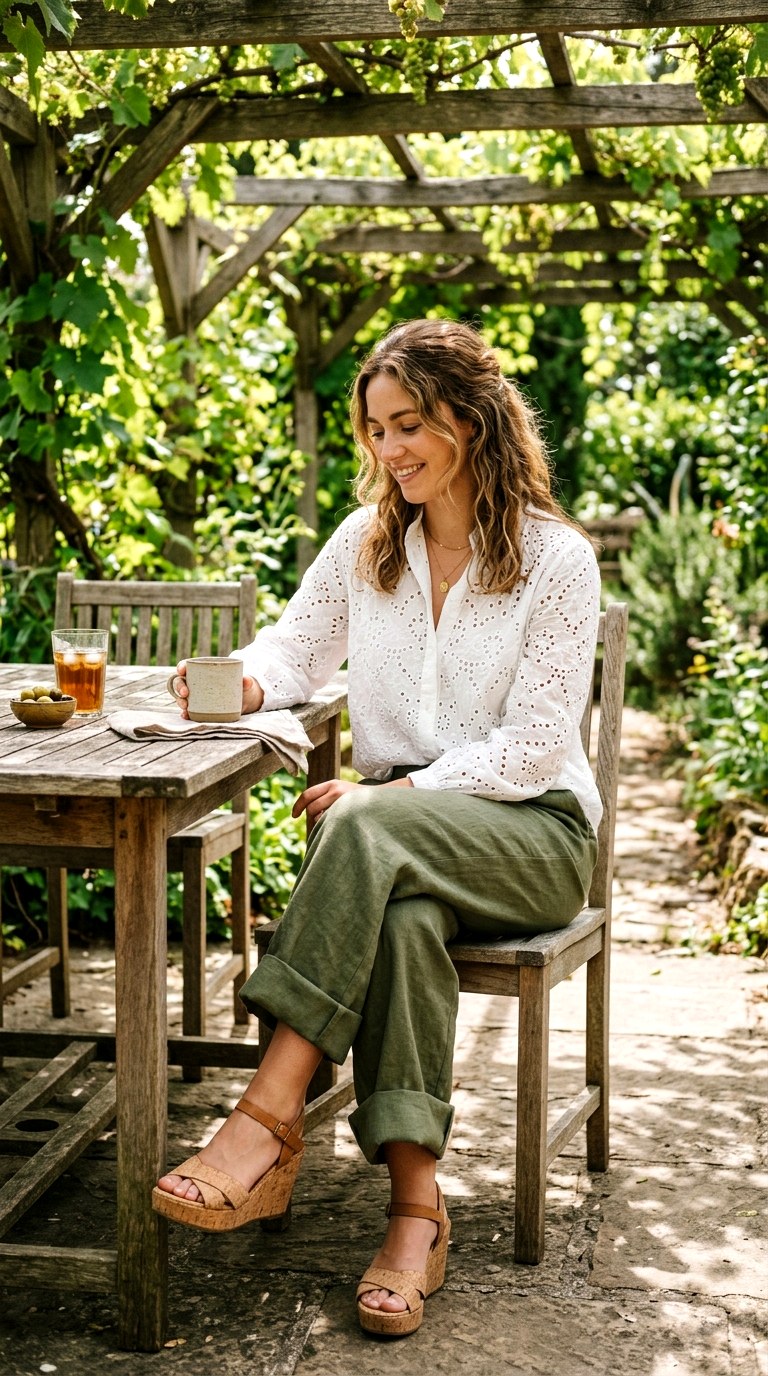 White Embroidered Cotton Blouse with Olive Linen Trousers - 23 old money outfits summer