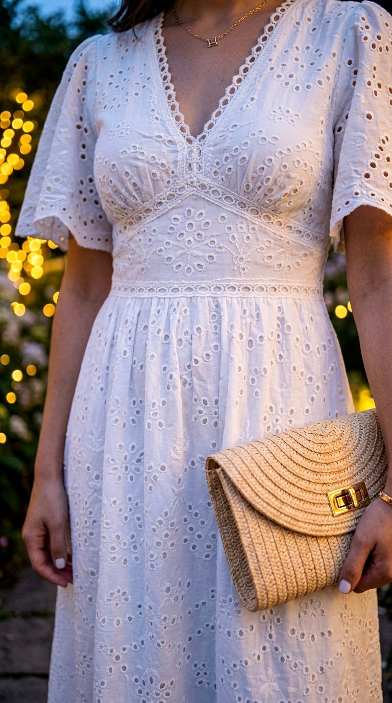 White Eyelet Maxi Dress with a Straw Clutch - 23 old money outfits summer