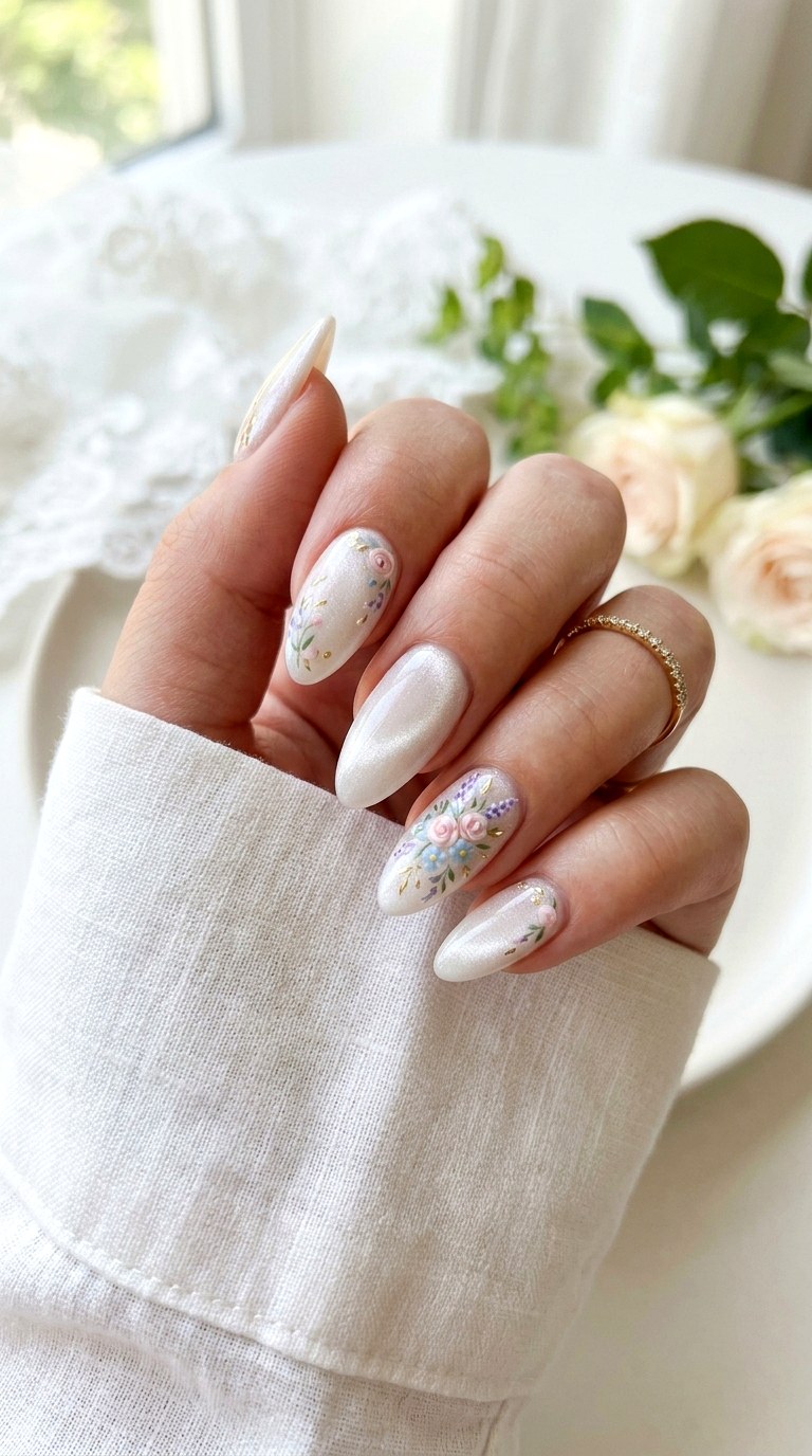 White Floral Cat Eye Nails - 20 Spring Floral Cat Eye Nails Ideas