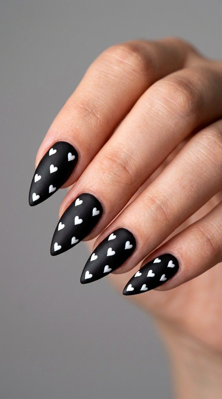 White Hearts on Crisp Black - 28 Sharp Spring Stiletto Nails