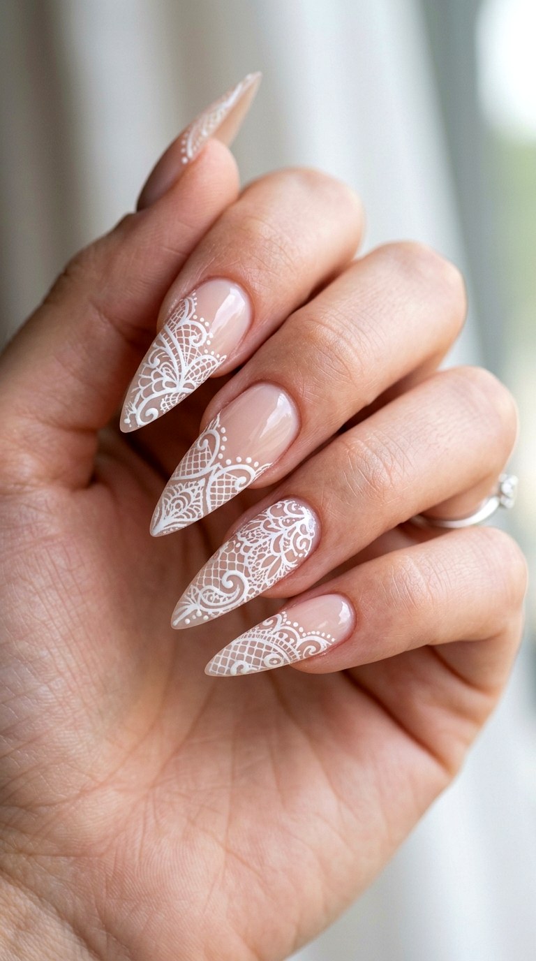 White Lace Detail - 25 Sleek Spring Stiletto Nails