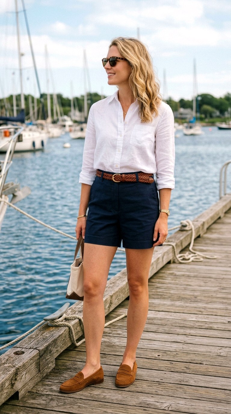 White Linen Button Down with Tailored Navy Shorts - 23 old money outfits summer