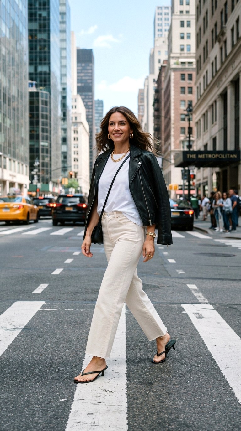 White Tee and Ecru Denim - 29 leather jacket outfit