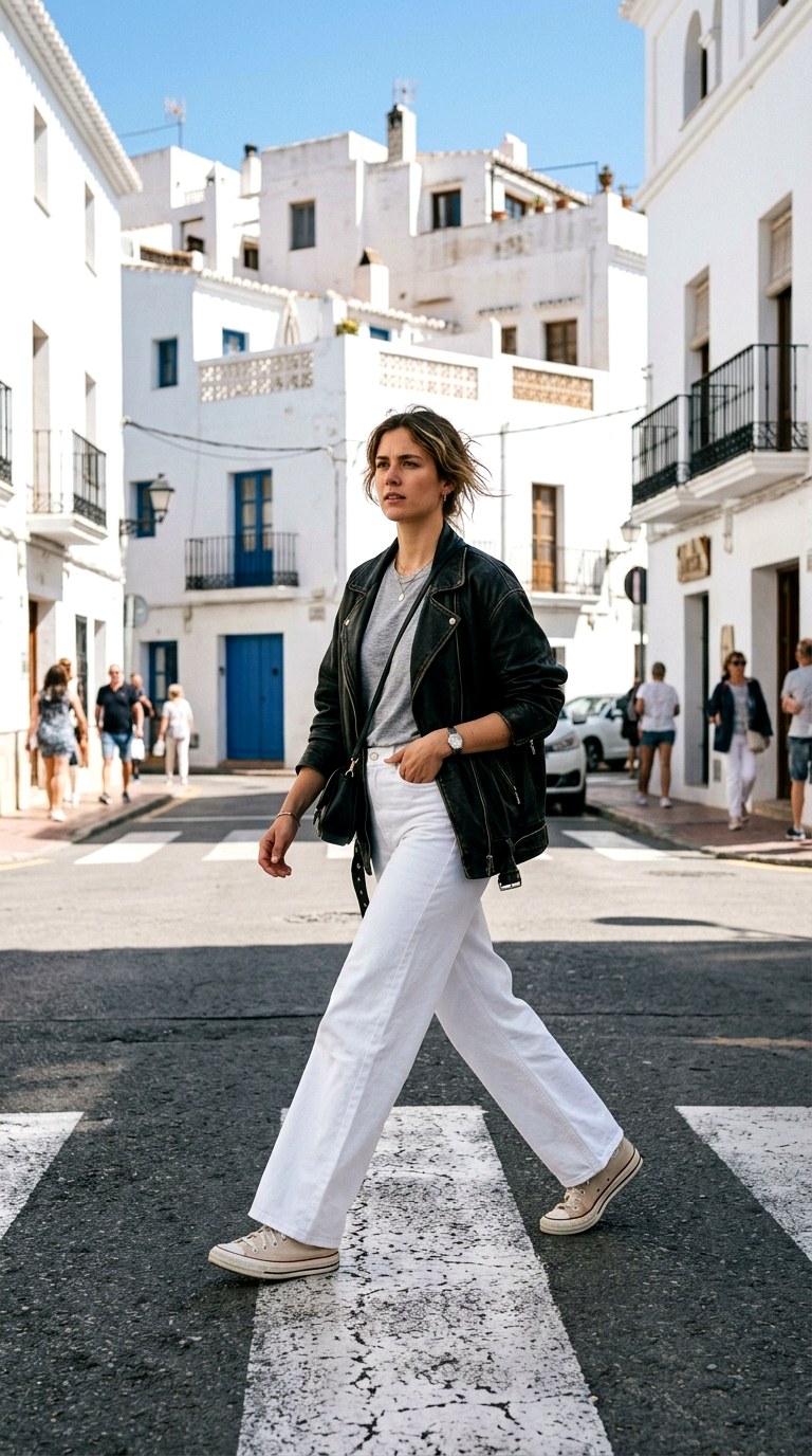 White Wide Leg Denim Freshness - 27 oversized leather jacket outfits