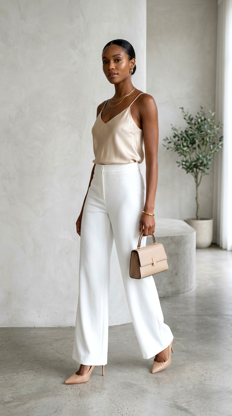 White Wide Leg Pants with Silk Camisole - 24 Beautiful Spring Outfit Inspirations 2026 for a Fresh New Look