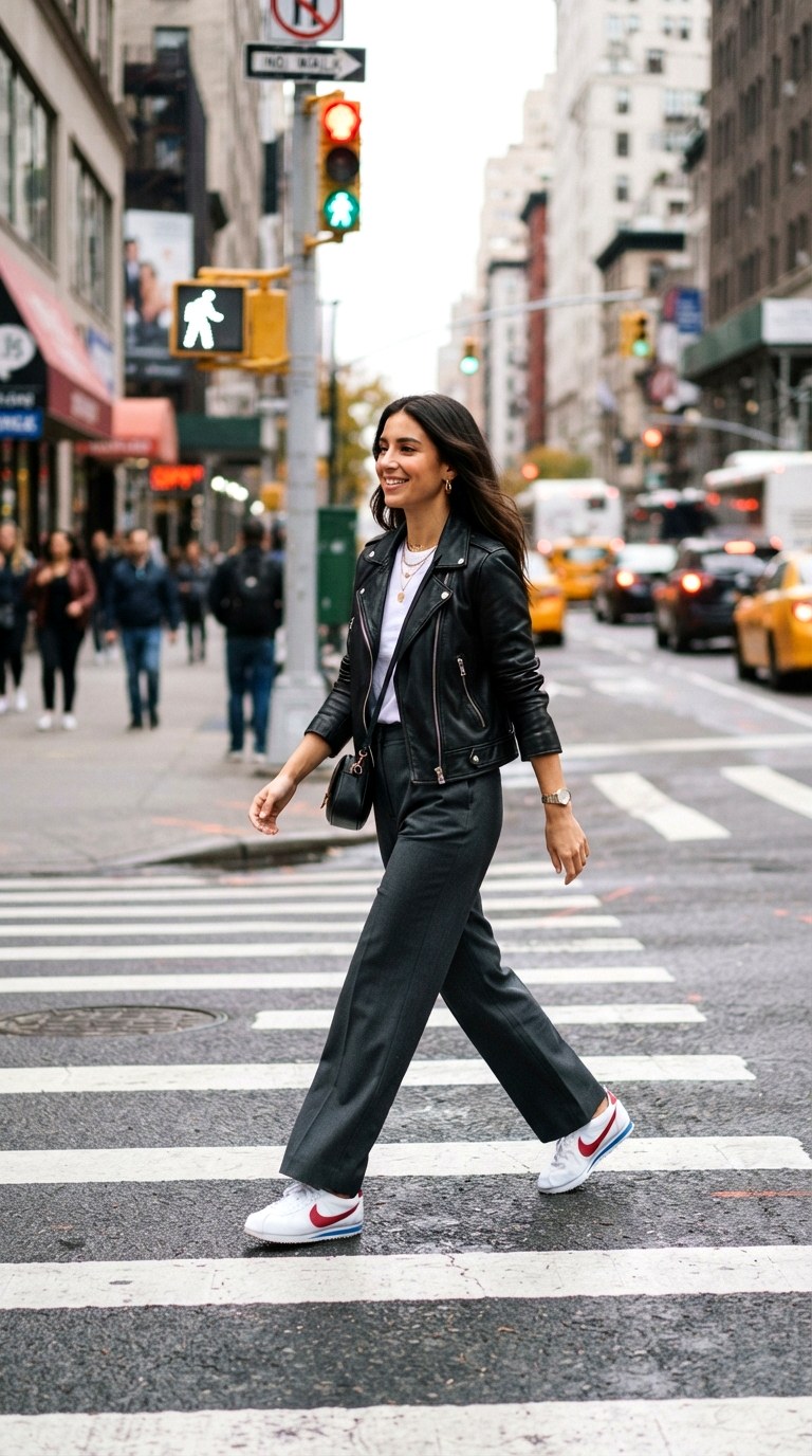 Wide Leg Trousers and Trainers - 22 leather jacket outfits women