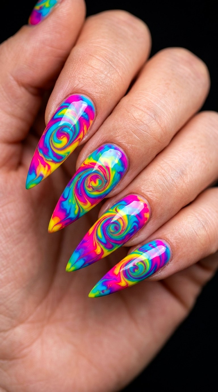 Wild Psychedelic Tie Dye - 26 Vacation Summer Multicolor Acrylic Nails