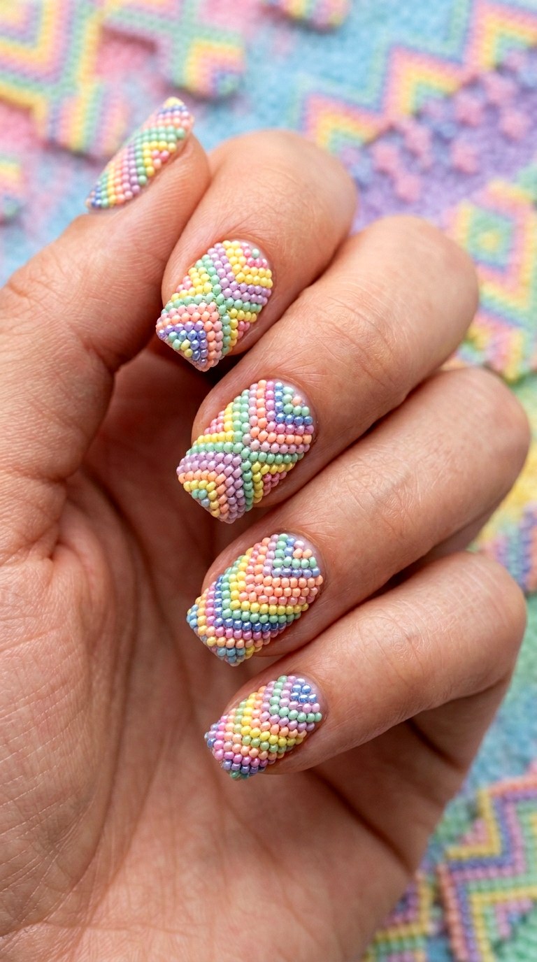 Woven Micro Bead Embroidery Texture - 24 Eclectic Spring Colorful Junk Nails