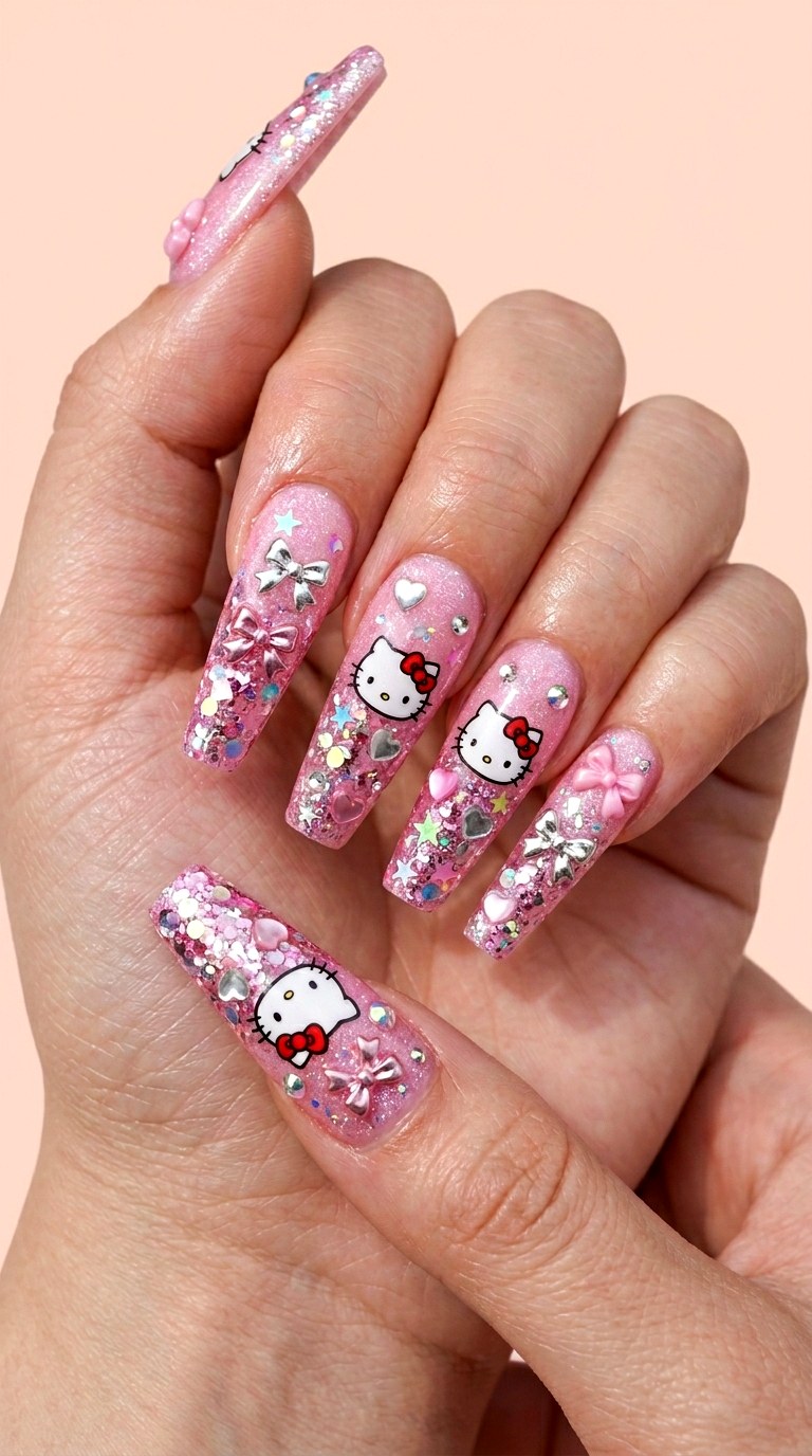YK Hello Kitty Glitter Fantasy - 29 Artsy Spring Colorful Junk Nails