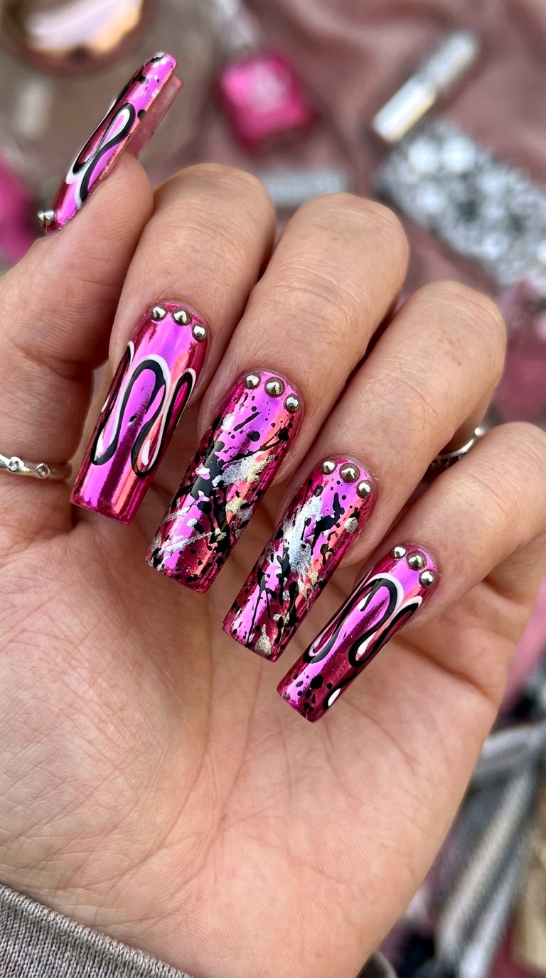 YK Pink Metallic Splatter - 23 Whimsical Spring Colorful Junk Nails