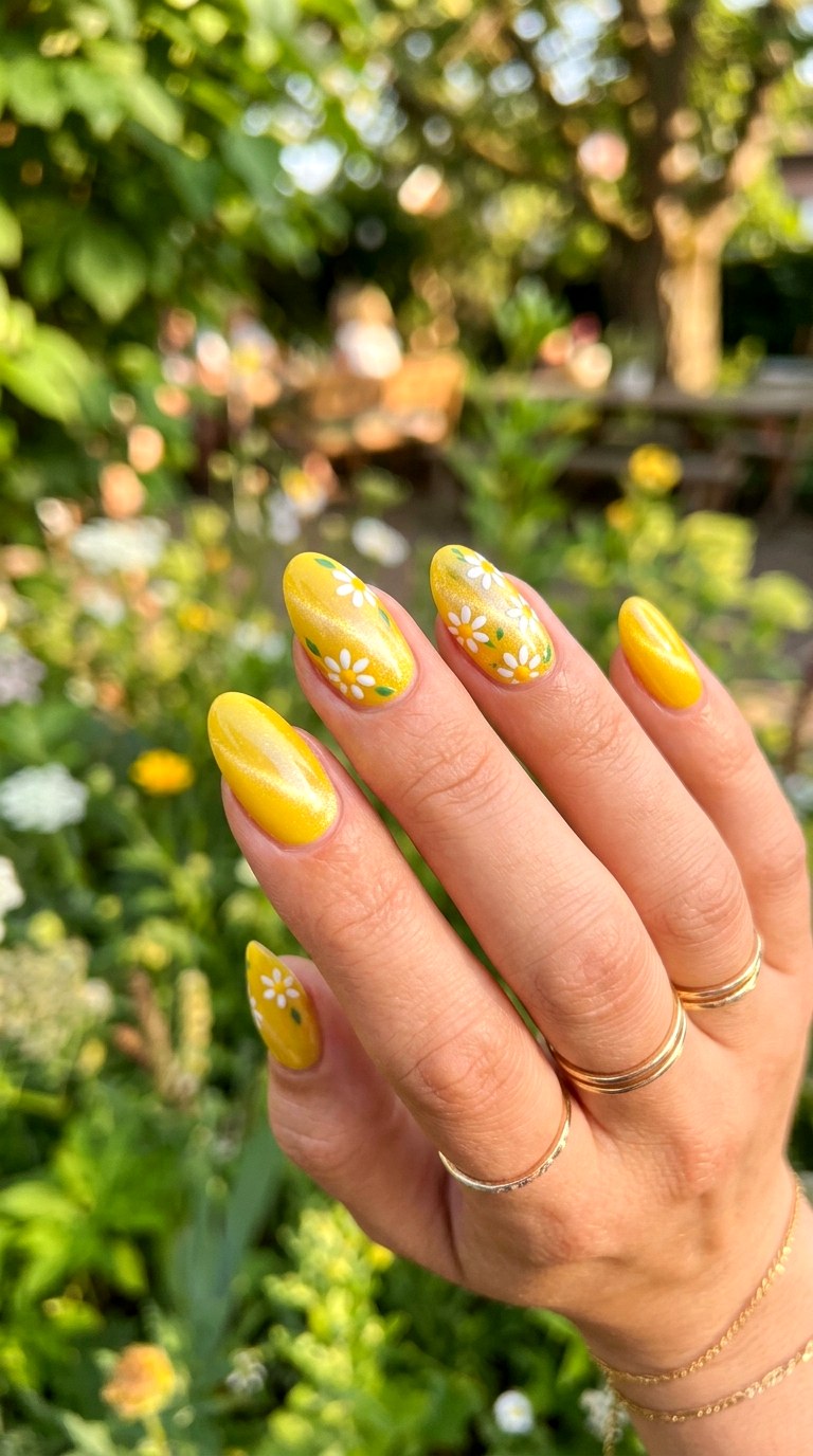 Yellow Cat Eye Nails with Daisy Patterns - 22 Summer Glossy Floral Cat Eye Nails Ideas