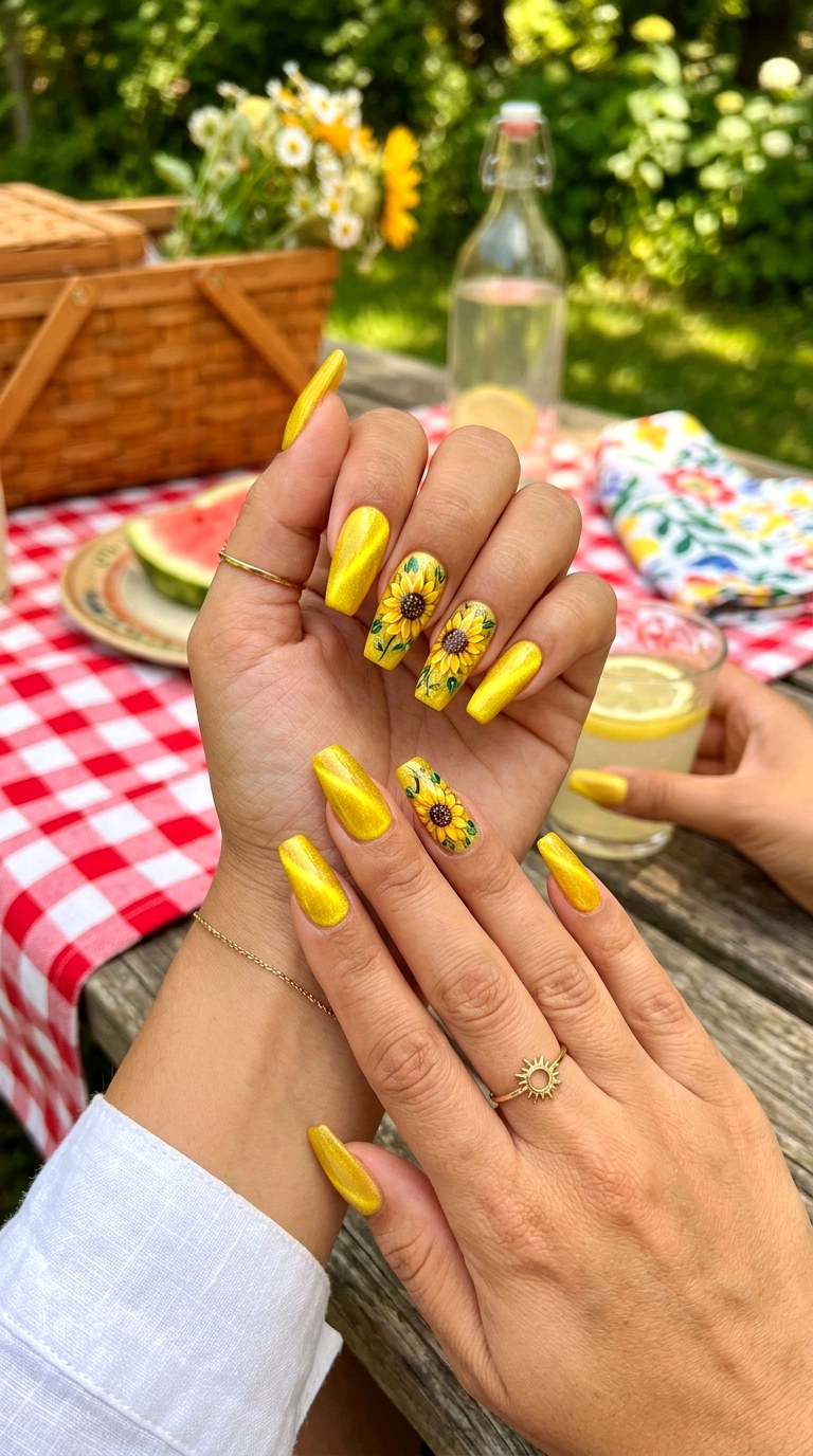 Yellow Cat Eye with Sunflower Designs - 25 Summer Floral Cat Eye Nails Ideas