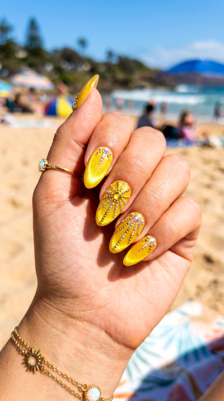 Yellow Cat Eye with Sunshine Crystal Design - 21 Summer Crystal Accent Cat Eye Nails Ideas