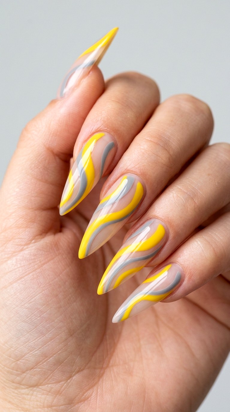 Yellow and Gray Curved Graphic - 28 Sharp Spring Stiletto Nails