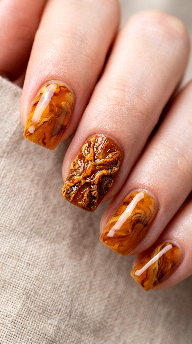 D Amber Stone Accent Nail - 22 Glossy Amber Marble Nails