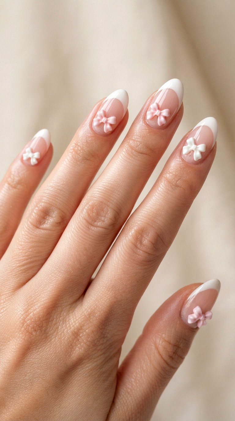 D Bow Charm French Tips - 22 teen back to school nail art designs