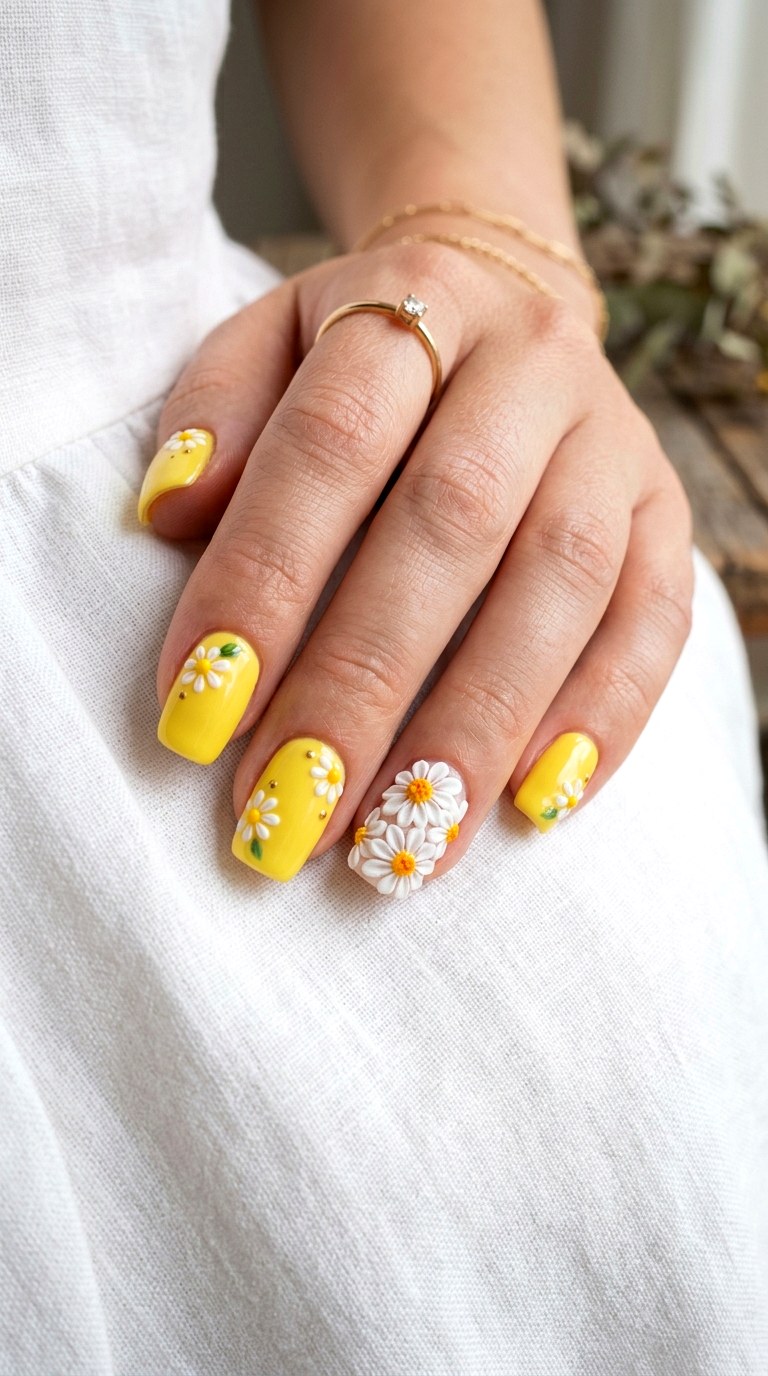 D Daisy Floral Embellished Tips - 24 Summer Nail Design Trends
