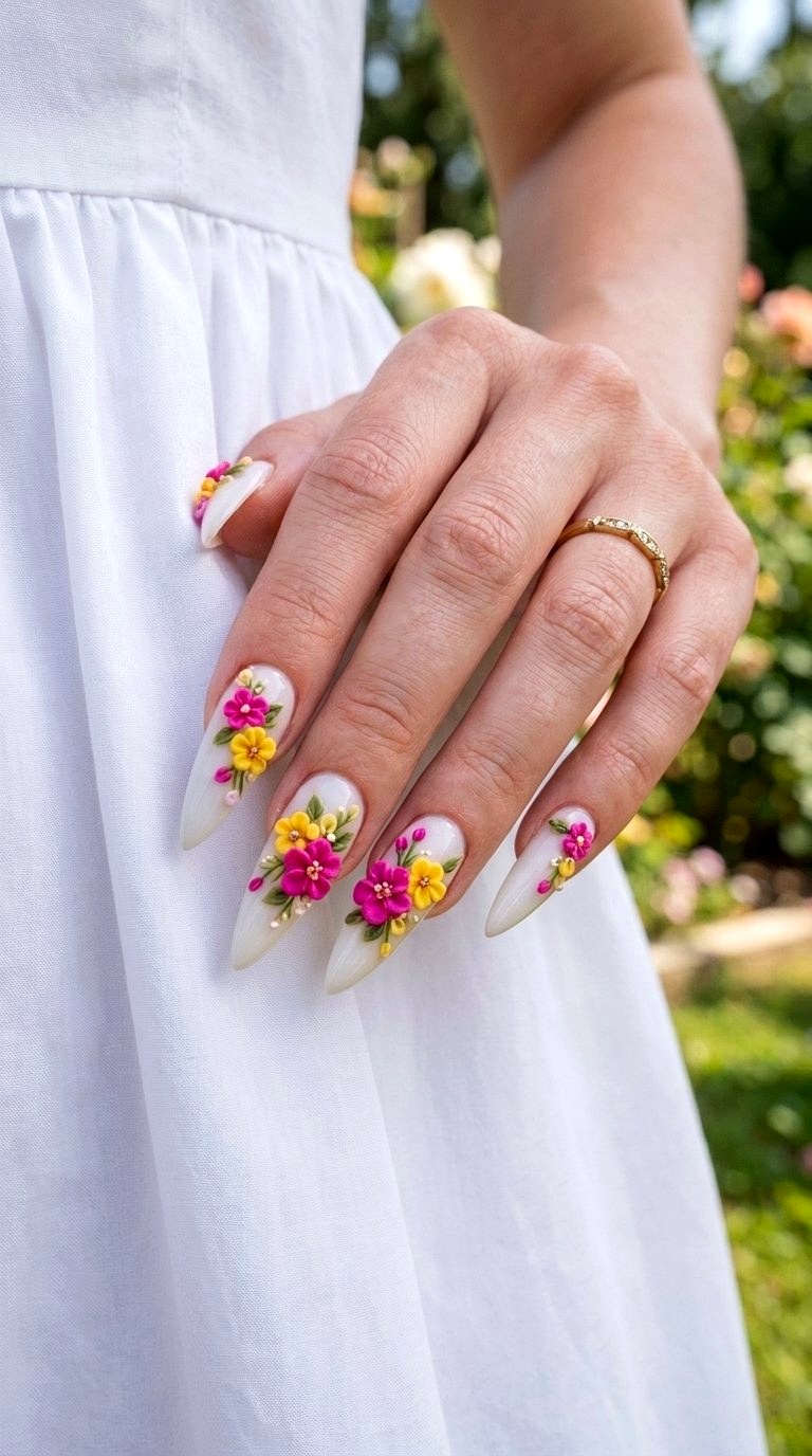D Floral Applique Art - 20 Summer Acrylic Nail Art Ideas