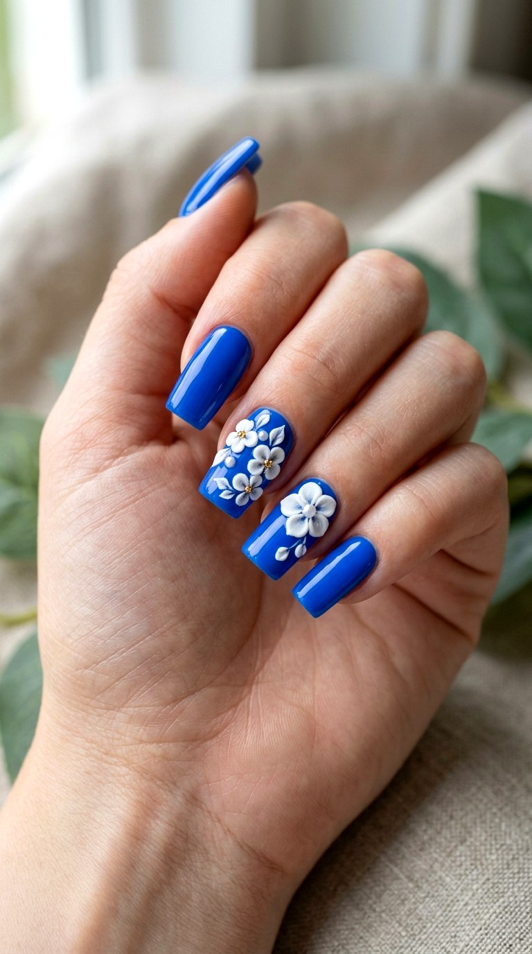 D Floral Bright Blue Nails - 22 bright blue nails