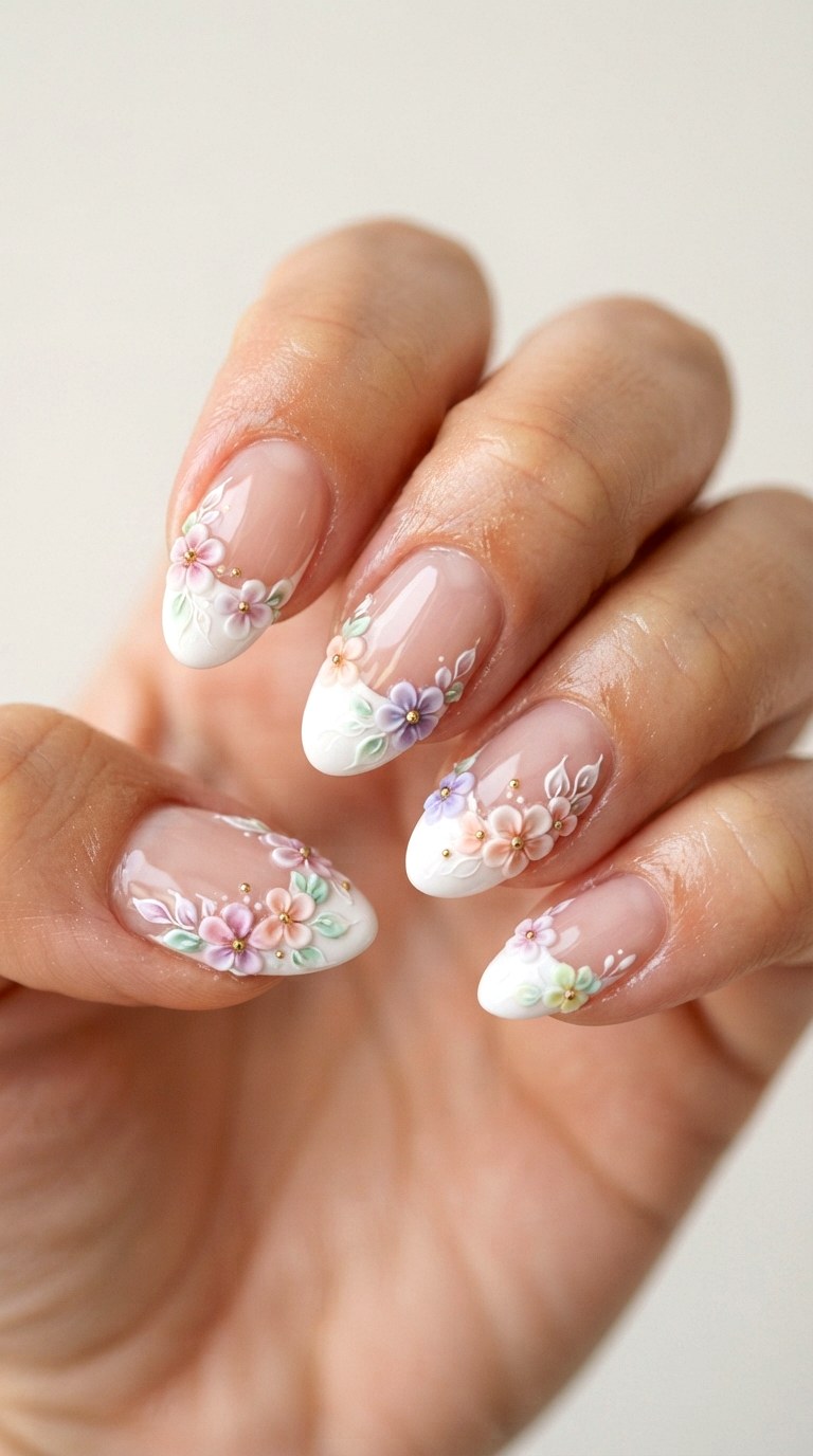 D Floral Gel Tip Overlays - 20 gel french tip nail art ideas