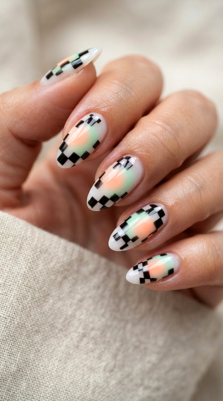 Abstract Checkerboard Aura Nails - 22 teen back to school nail art designs