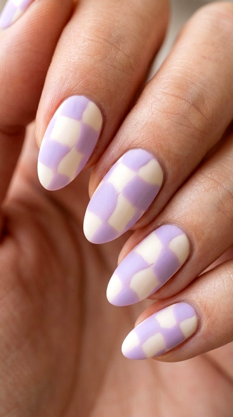 Abstract Checkered Medium Almond Summer Nails - 20 Medium Almond Summer Nails