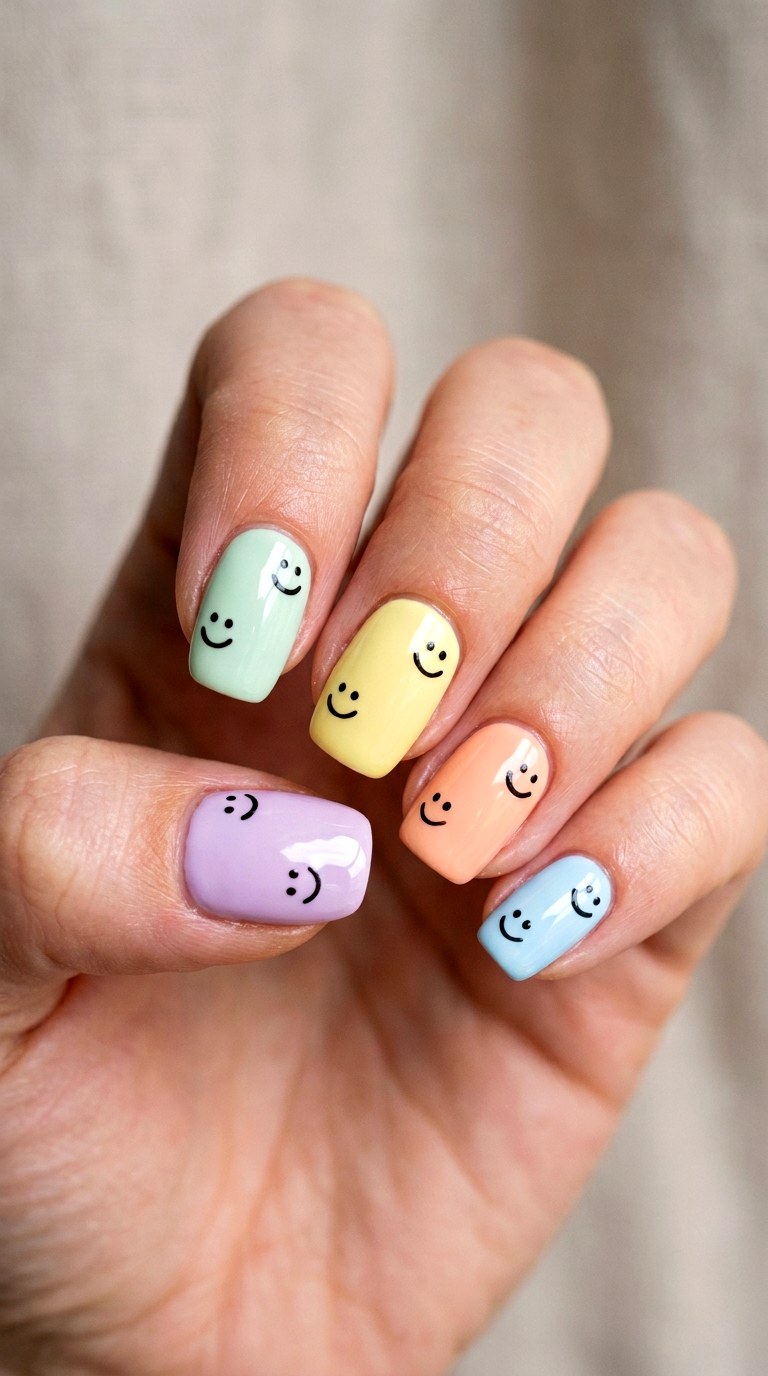 Abstract Pastel Smiley Face Nails - 23 back to school nail art ideas