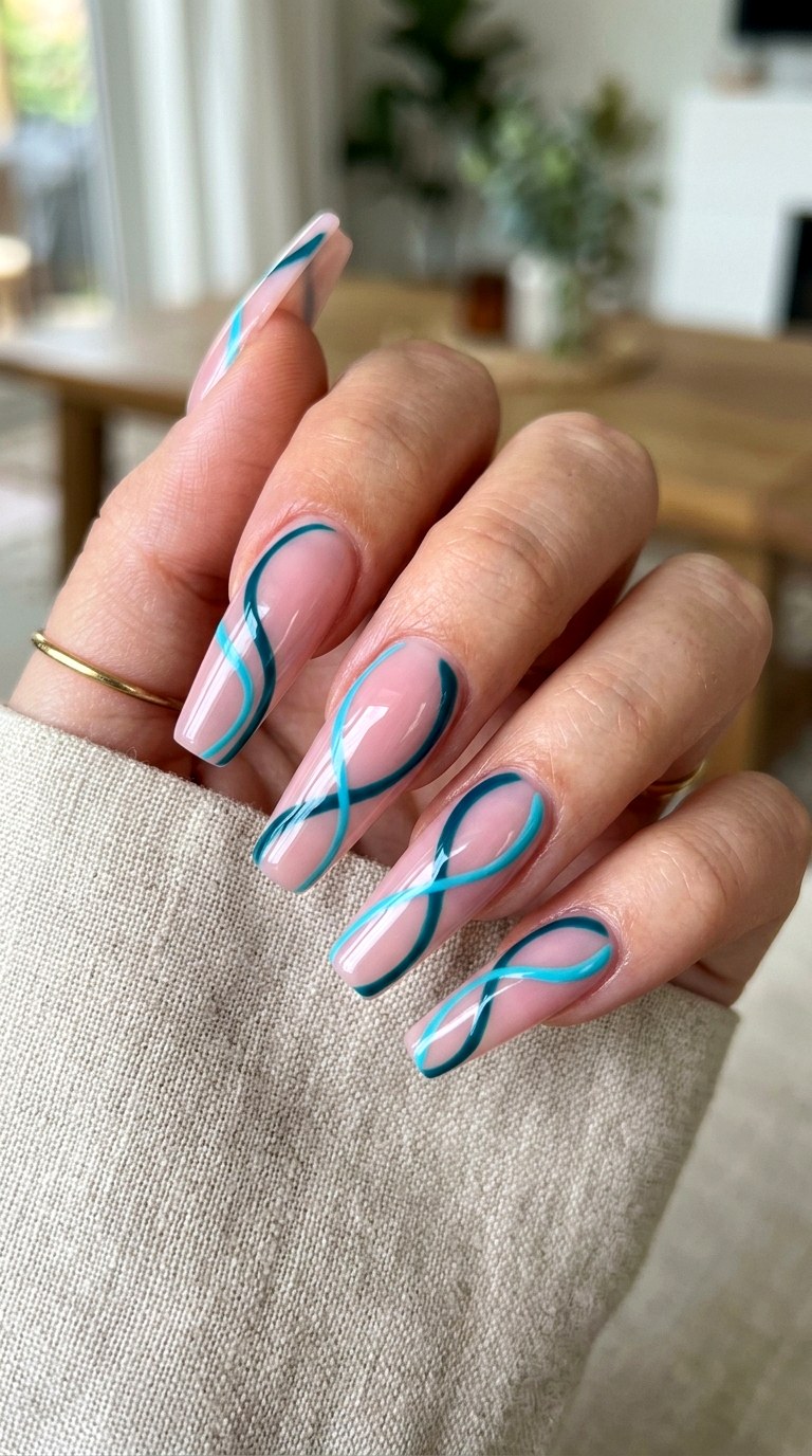 Abstract Swirl Teal Nail Art - 24 Teal Nail Art Ideas