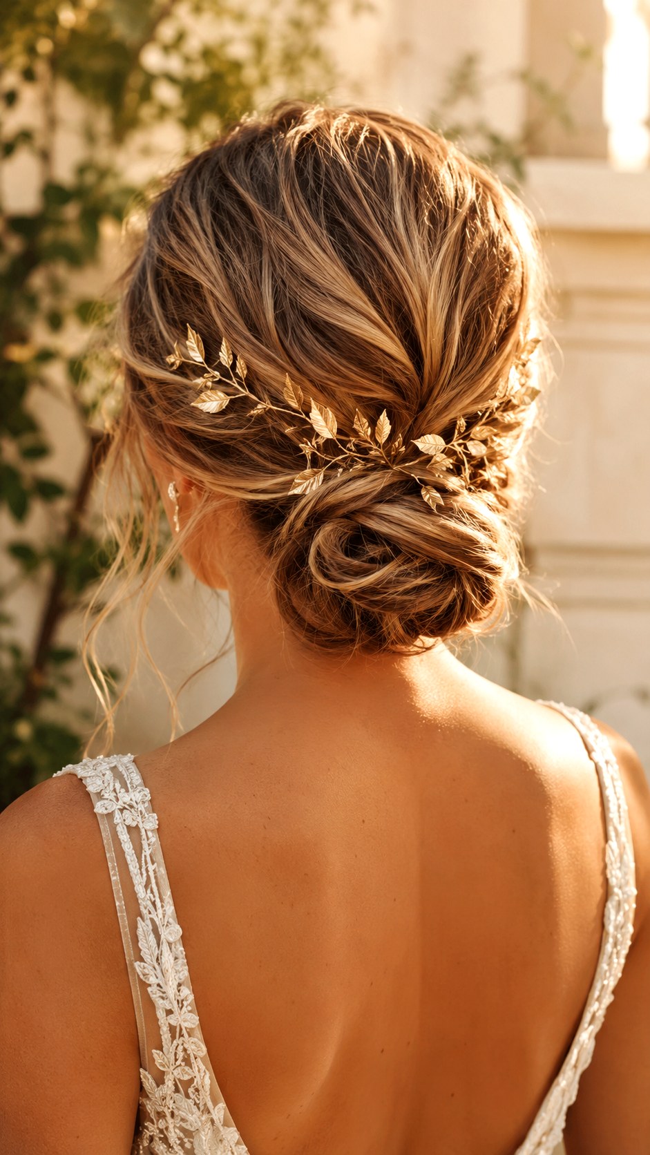 Accessorized Gold Leaf Low Bun Bridal Style - 25 low bun hairstyles wedding ideas