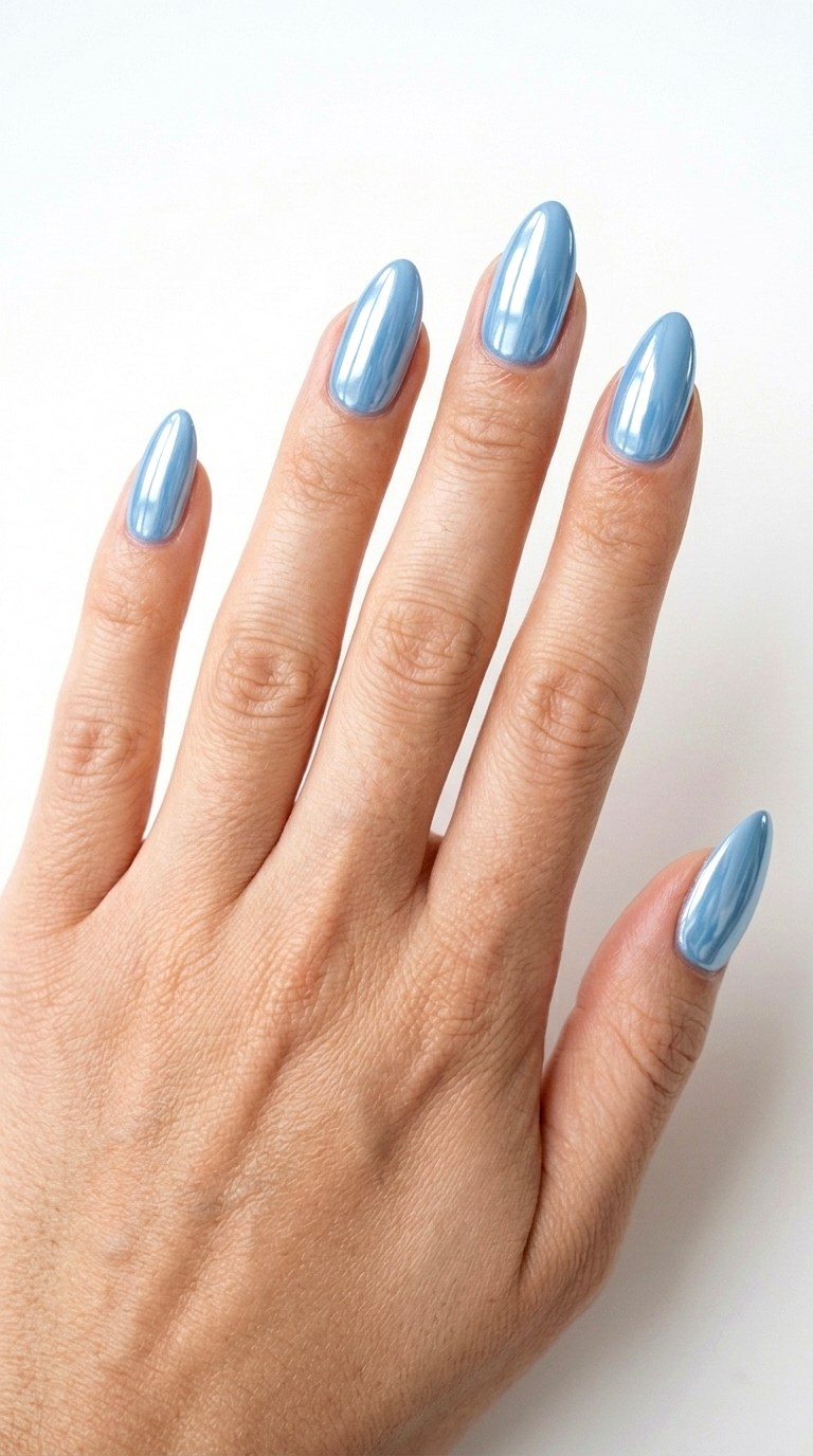 Almond Shaped Powder Blue Chrome - 24 Powder Blue Gel Nail Ideas