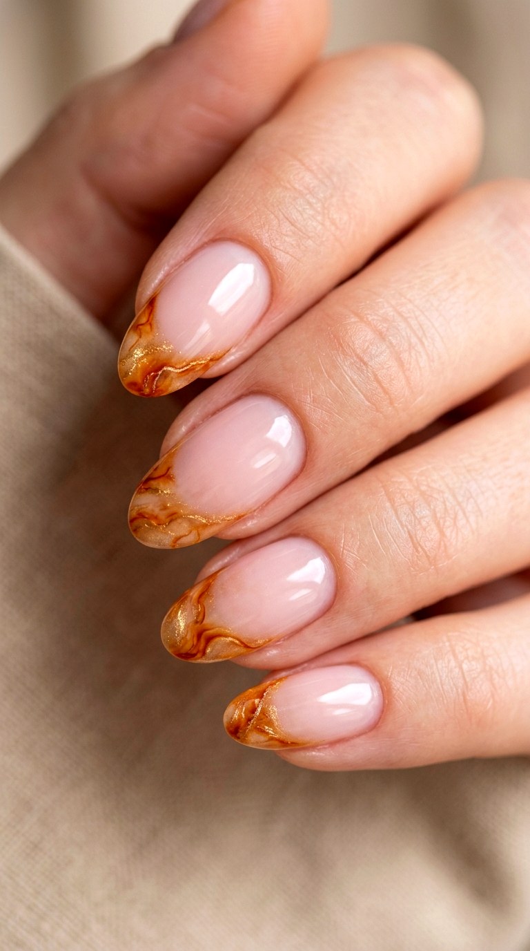 Amber French Tip Elegance - 22 Glossy Amber Marble Nails