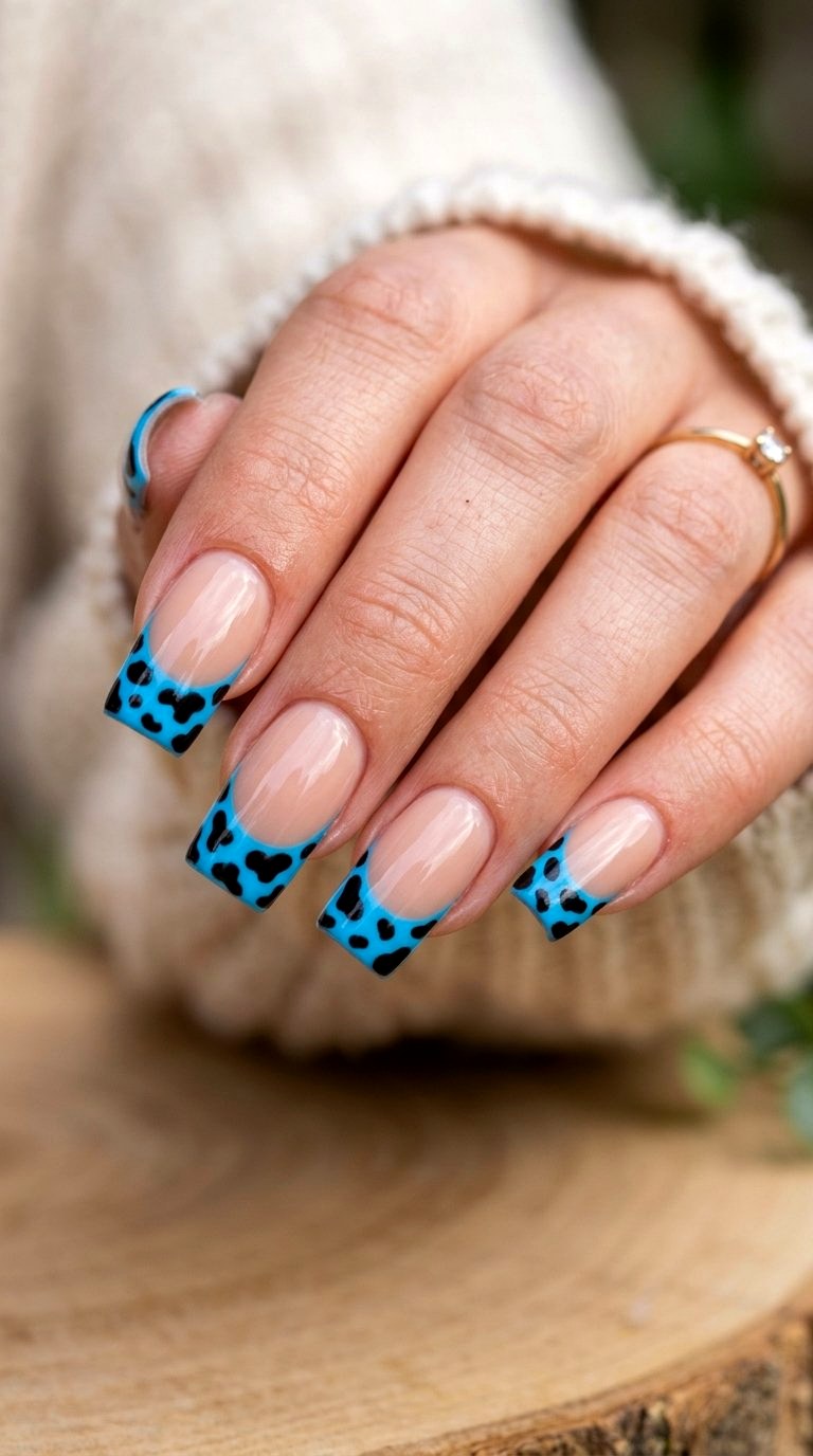 Animal Print Bright Blue French Tip Nails - 21 bright blue french tip nails