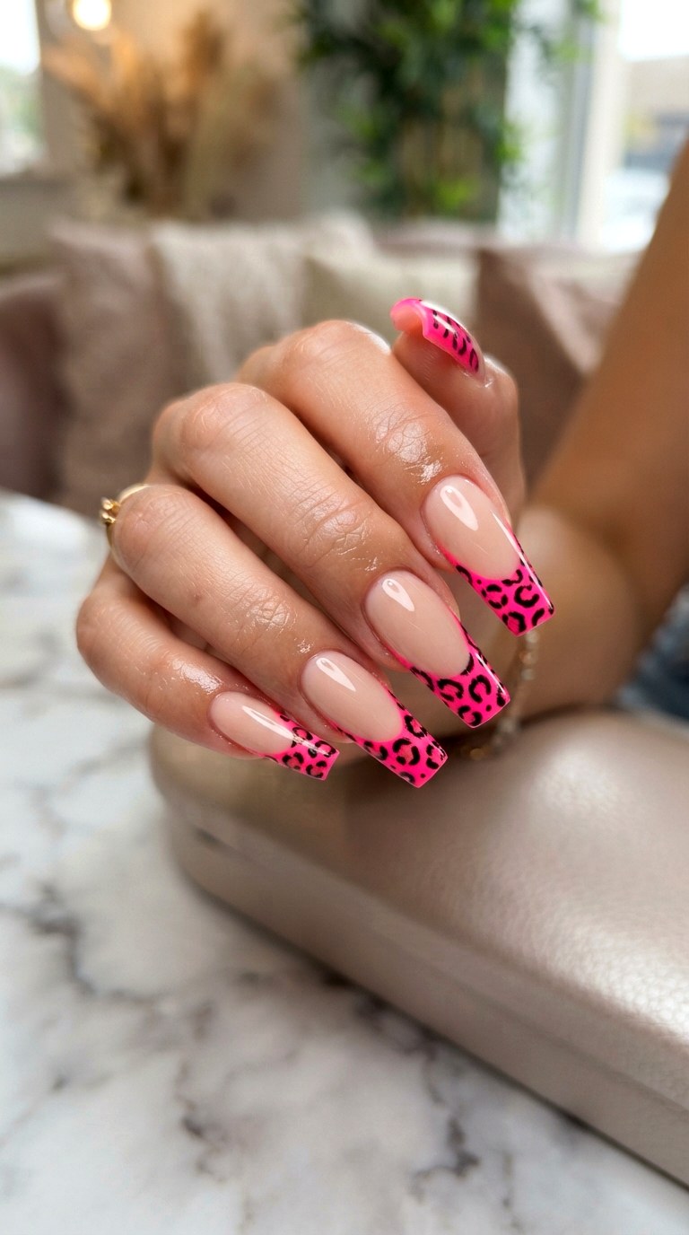 Animal Print Bright Pink French Nails - 22 bright pink french nails