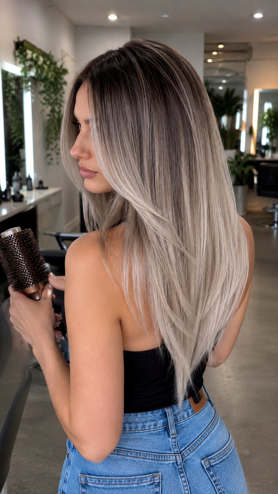 Ash Blonde Melt with V Cut Layers - 22 haircut long layers ideas