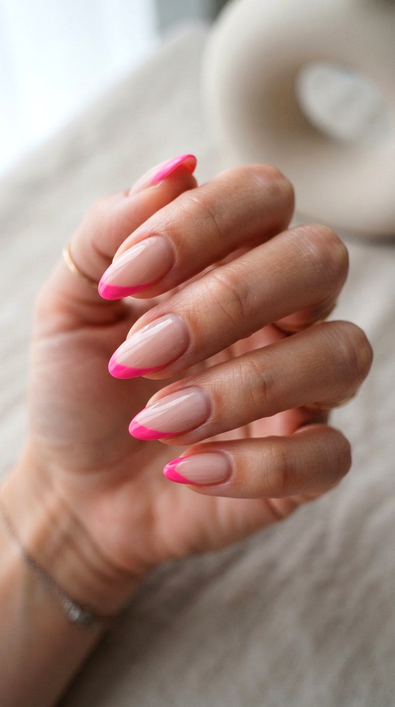 Asymmetrical Bright Pink French Nails - 22 bright pink french nails